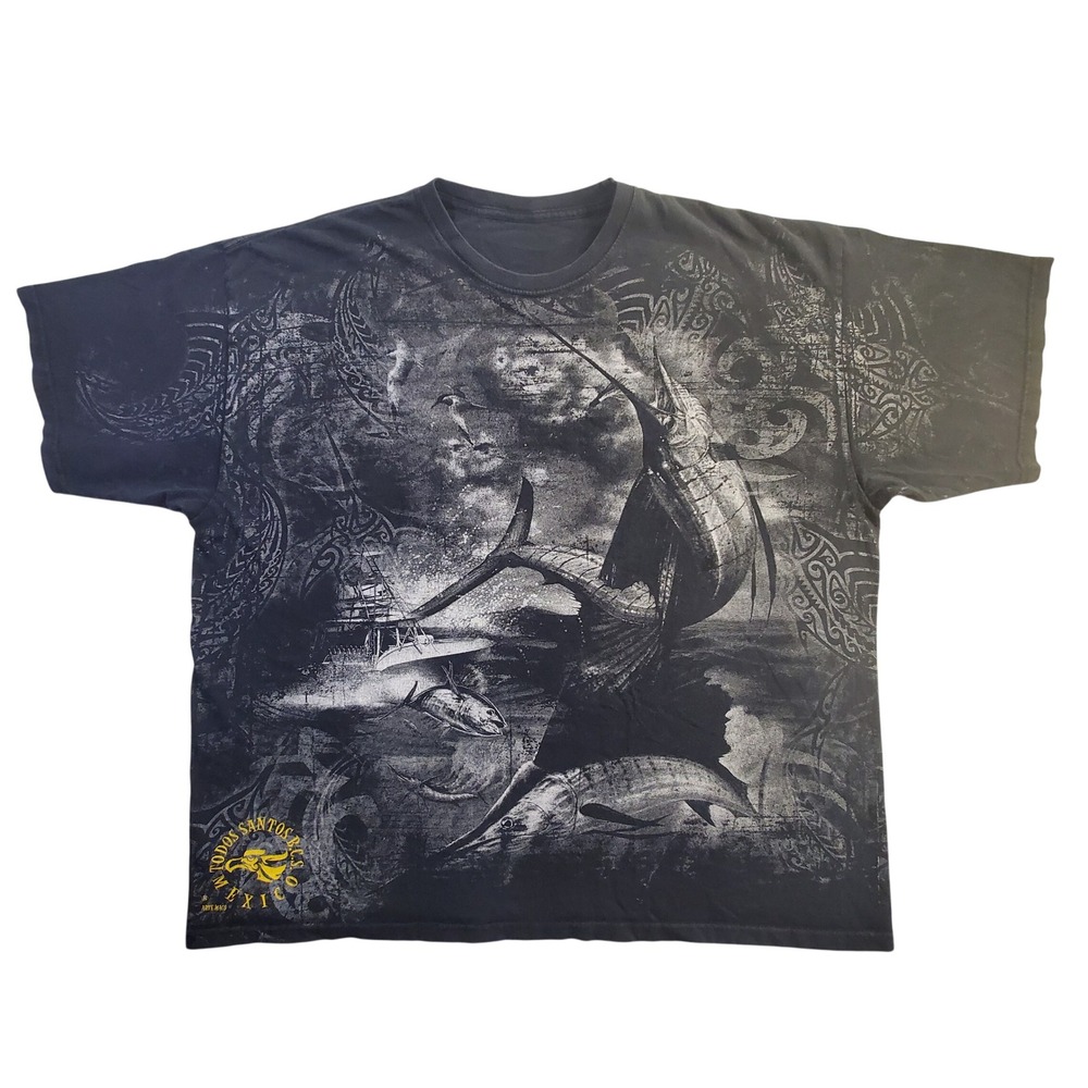 Marlin Fishing All Over Print T-Shirt XL Black Ocean Animal Graphic Tee Mexico